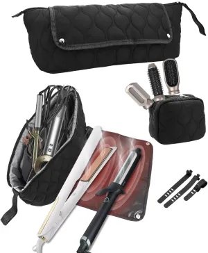 Onism Hair Tools Travel Bag with Heat Resistant Mat for Straighteners, Flat Iron, Curling Iron, Hot Air Brush, Haircare Accessories and Hair Dryer, 2-in-1 design, Portable Organizer(Black)