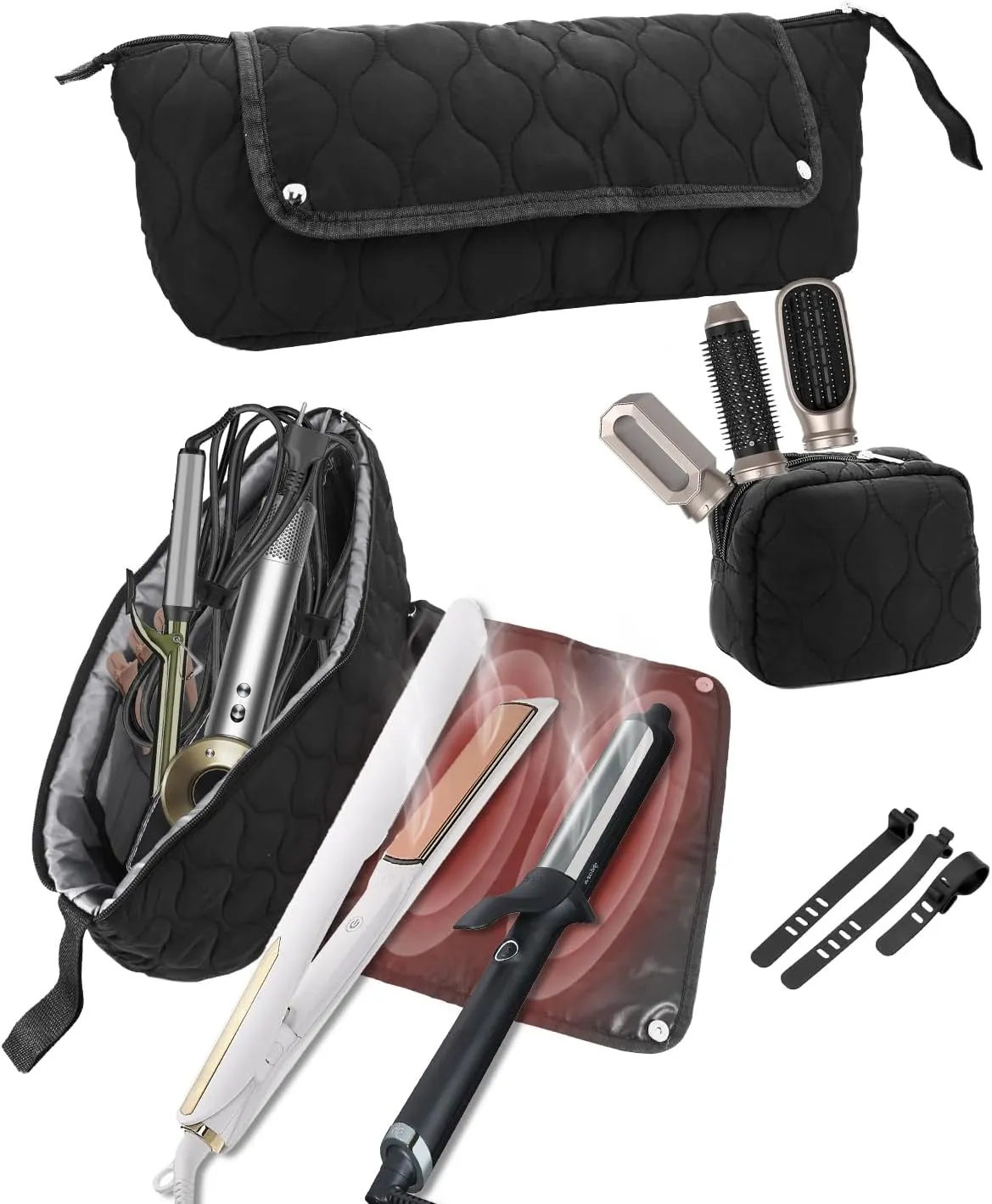 Onism Hair Tools Travel Bag with Heat Resistant Mat for Straighteners, Flat Iron, Curling Iron, Hot Air Brush, Haircare Accessories and Hair Dryer, 2-in-1 design, Portable Organizer(Black)