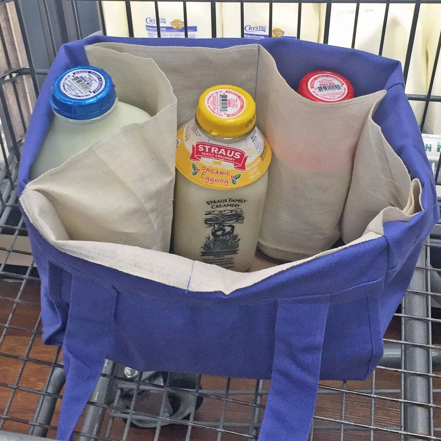 Organic Cotton Deluxe Reusable Grocery Shopping Bag; Bottle Sleeves, Rigid Bottom Support (UPDATED DESIGN)