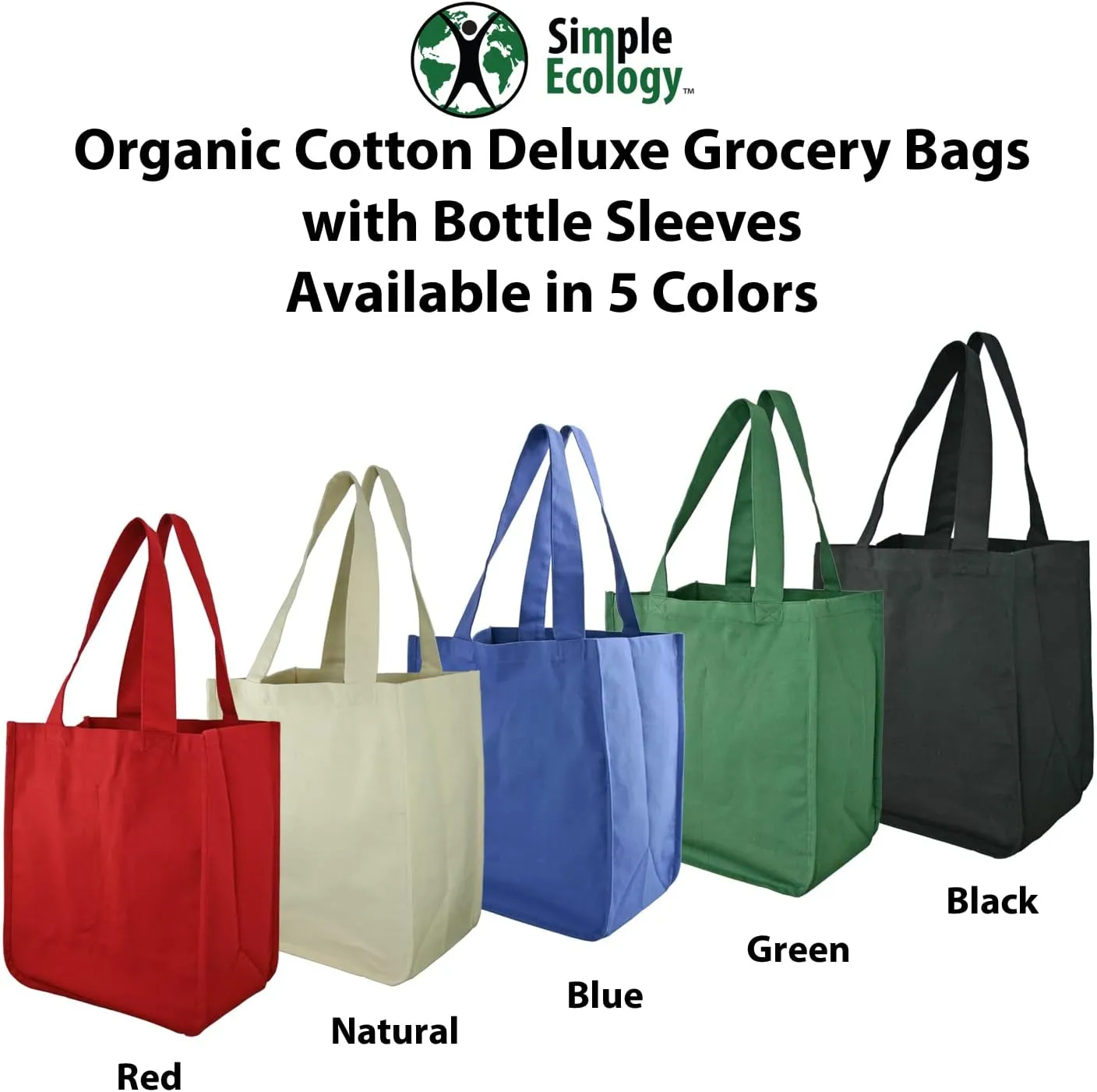 Organic Cotton Deluxe Reusable Grocery Shopping Bag; Bottle Sleeves, Rigid Bottom Support (UPDATED DESIGN)