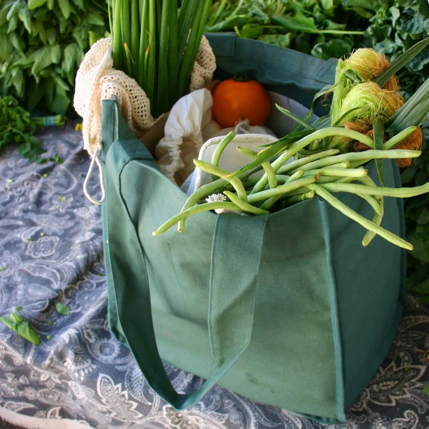 Organic Cotton Deluxe Reusable Grocery Shopping Bag; Bottle Sleeves, Rigid Bottom Support (UPDATED DESIGN)