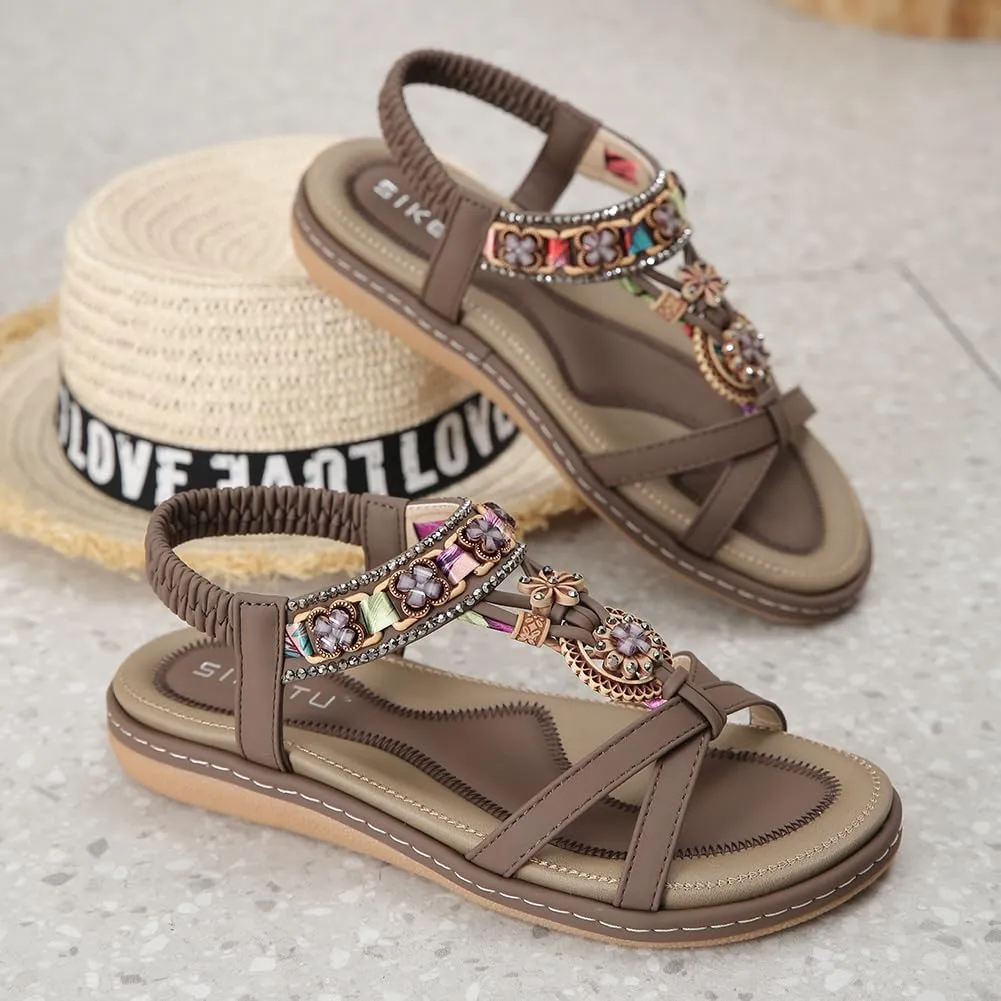 Orgone Womens Bohemian Beaded Flat Sandals Comfortable T-Strap Sandal Summer Comfortable Strap Sandals for Beach