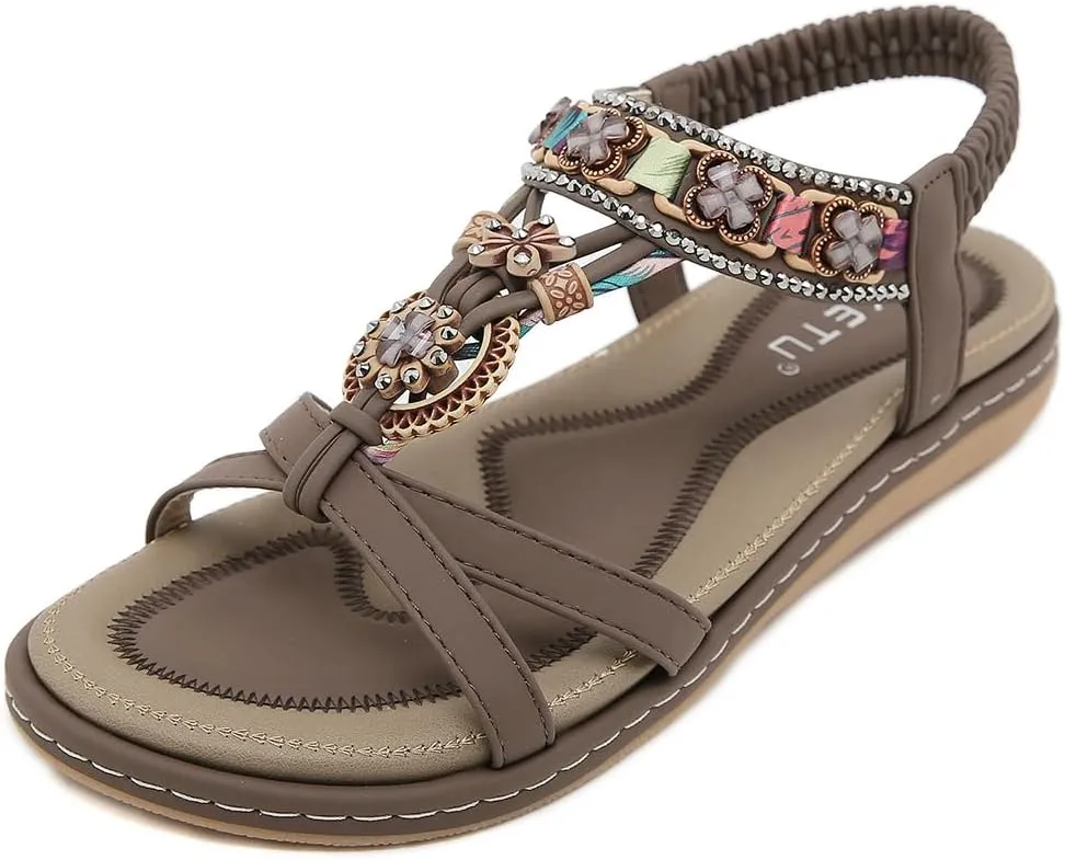 Orgone Womens Bohemian Beaded Flat Sandals Comfortable T-Strap Sandal Summer Comfortable Strap Sandals for Beach