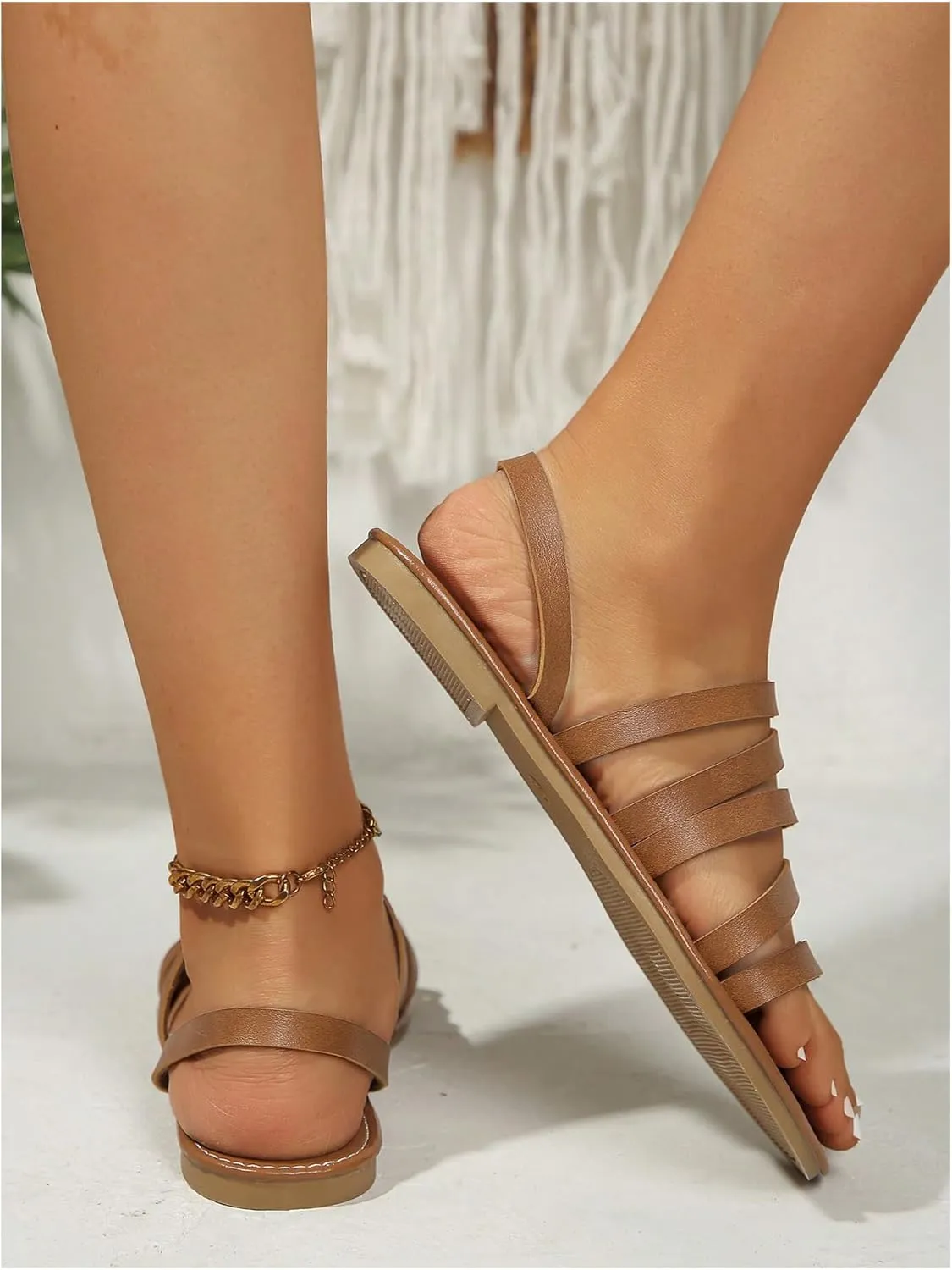OYOANGLE Women's Metallic PU Leather Toe Post Flat Sandals Open Toe Ankle Strap Sandal Comfortable Walking Slides