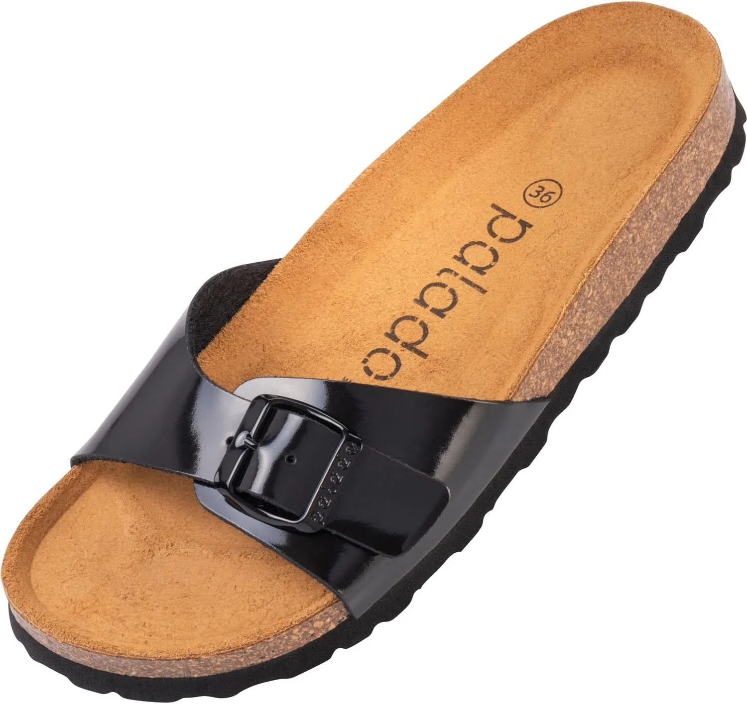Palado® Malta Women's Mules | Made in EU | Sandals in Many Summer Colours | 1 Strap Sandals with Cork Footbed | Women's Slippers with Leather Outsole, Basic lacquer black, 12 US