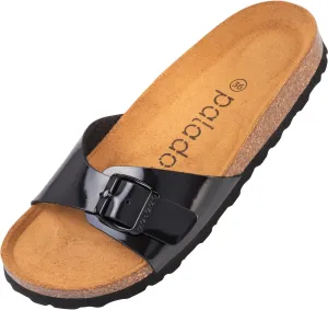 Palado® Malta Women's Mules | Made in EU | Sandals in Many Summer Colours | 1 Strap Sandals with Cork Footbed | Women's Slippers with Leather Outsole, Basic lacquer black, 12 US