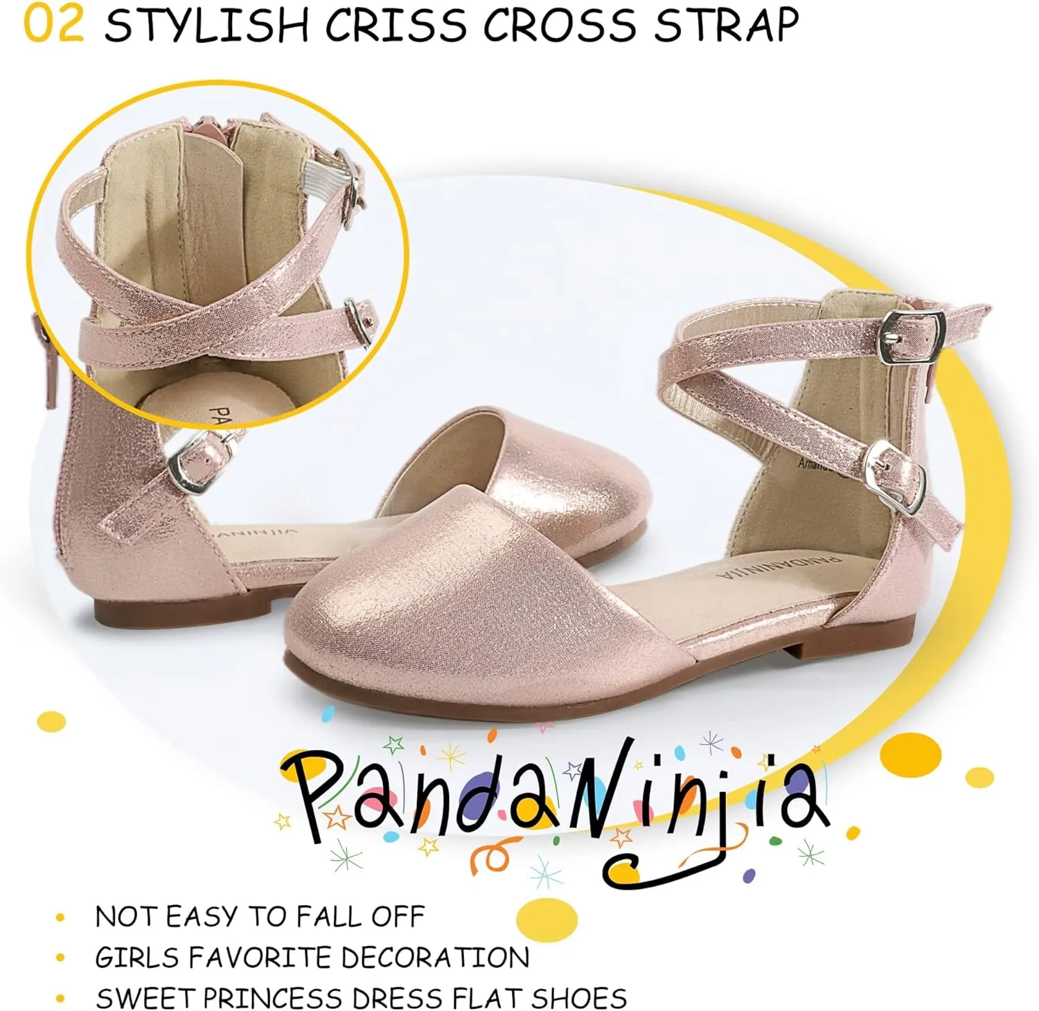 PANDANINJIA Girls Dress Shoes Flats Wedding Party School Toddler Little Kids Ankle Strap Ballet Flats Sandals