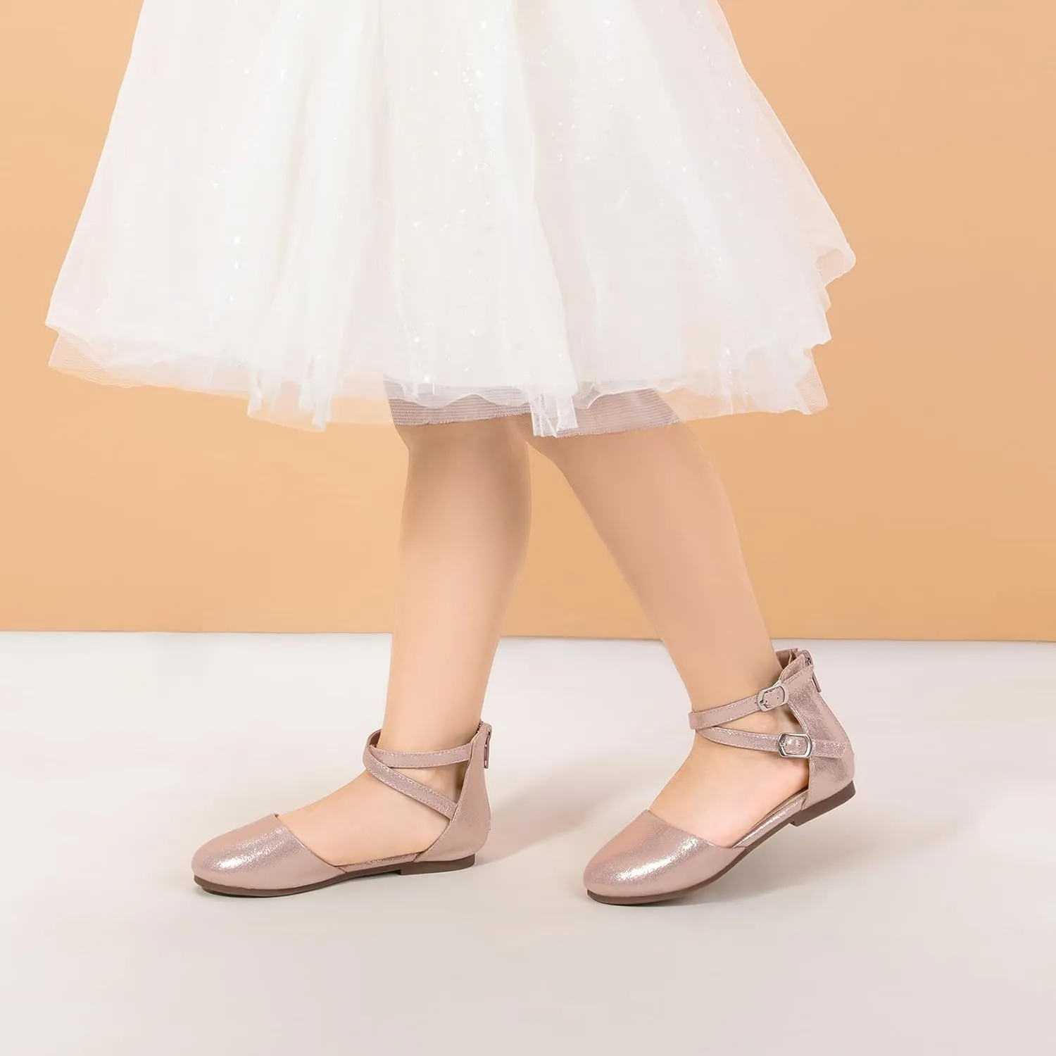 PANDANINJIA Girls Dress Shoes Flats Wedding Party School Toddler Little Kids Ankle Strap Ballet Flats Sandals