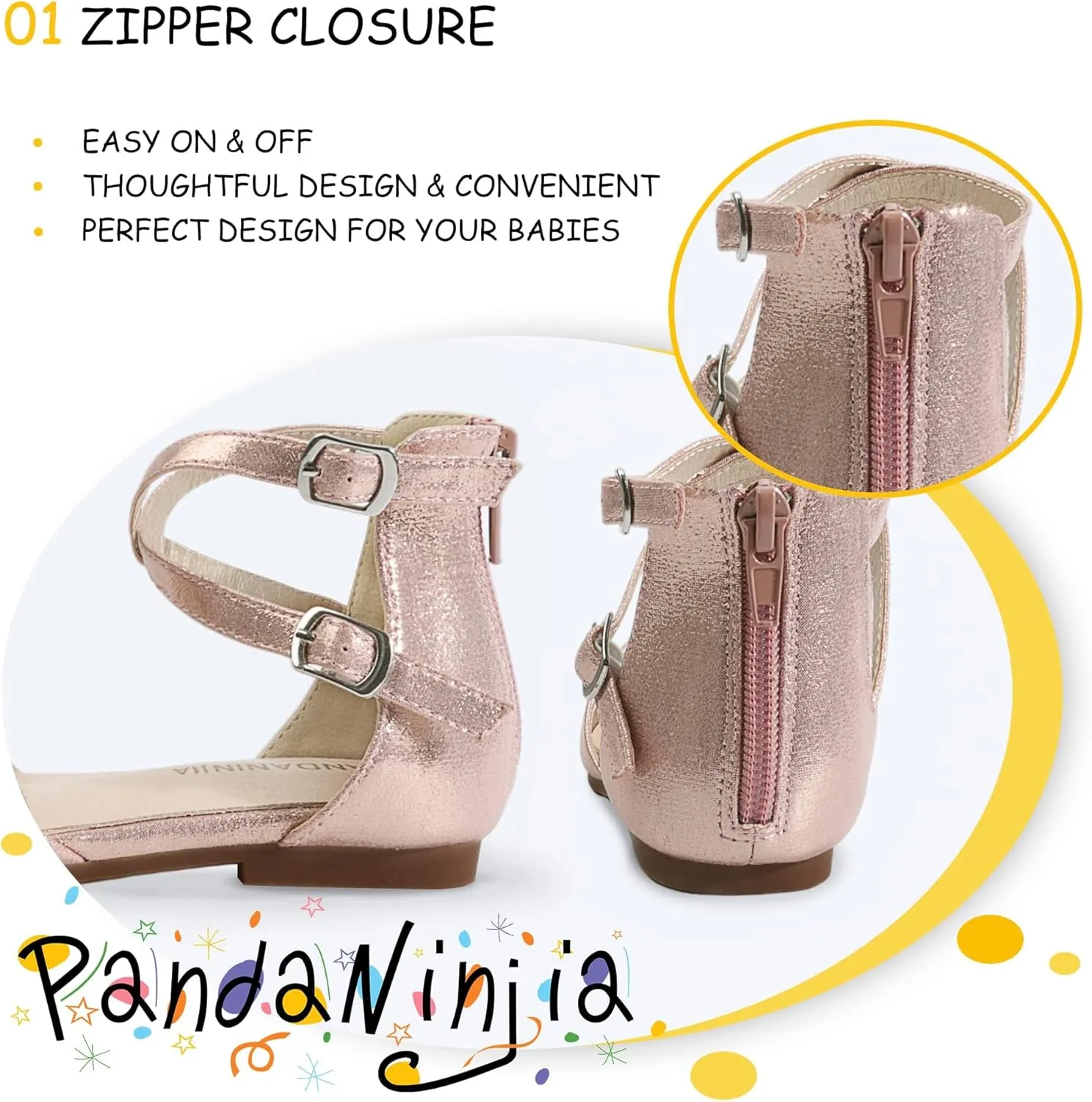 PANDANINJIA Girls Dress Shoes Flats Wedding Party School Toddler Little Kids Ankle Strap Ballet Flats Sandals