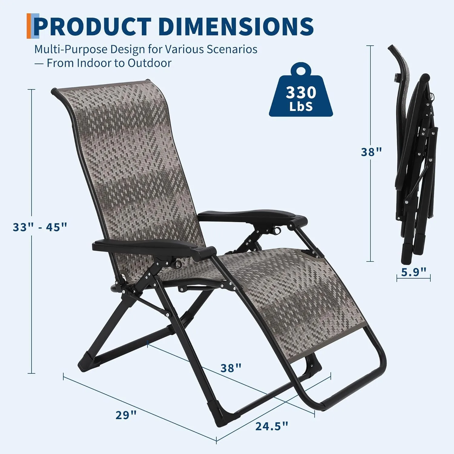 Patio Rattan Reclining Folding Chair, Adjustable & Portable Lounge Chair with Widened Armrest & Heavy Duty Wicker for Indoor, Poolside, Balcony, Backyard, Garden, Patio