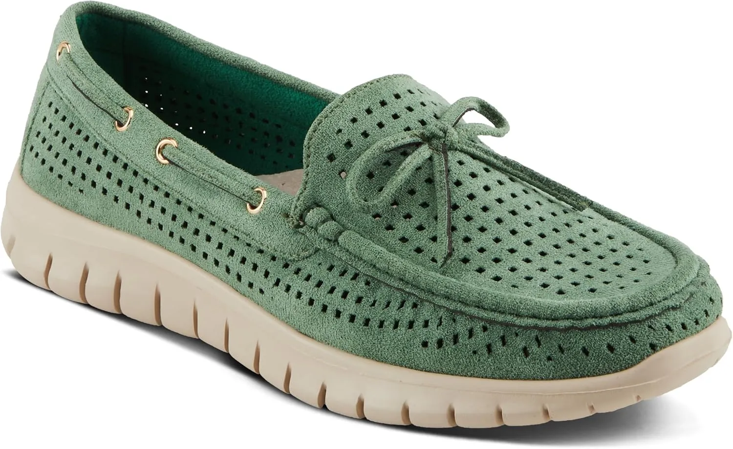 PATRIZIA Women's Aboard Moccasin Loafers – Microsuede Slip-On Shoes with Elegant Square-Dot Perforation, Bow Accent, and Cushioned Comfort Footbed