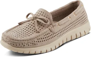 PATRIZIA Women's Aboard Moccasin Loafers – Microsuede Slip-On Shoes with Elegant Square-Dot Perforation, Bow Accent, and Cushioned Comfort Footbed
