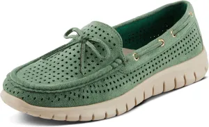 PATRIZIA Women's Aboard Moccasin Loafers – Microsuede Slip-On Shoes with Elegant Square-Dot Perforation, Bow Accent, and Cushioned Comfort Footbed