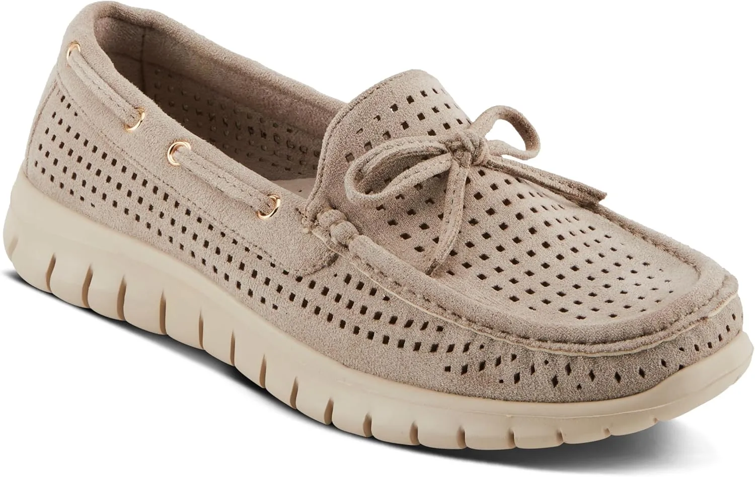 PATRIZIA Women's Aboard Moccasin Loafers – Microsuede Slip-On Shoes with Elegant Square-Dot Perforation, Bow Accent, and Cushioned Comfort Footbed