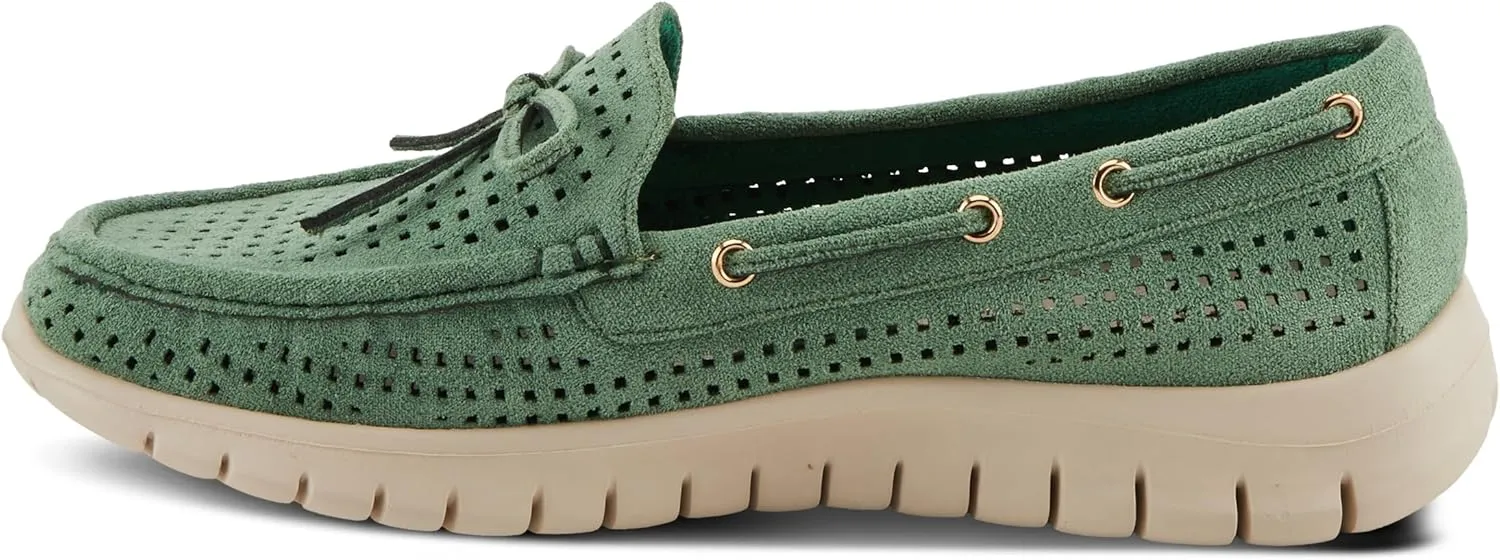PATRIZIA Women's Aboard Moccasin Loafers – Microsuede Slip-On Shoes with Elegant Square-Dot Perforation, Bow Accent, and Cushioned Comfort Footbed