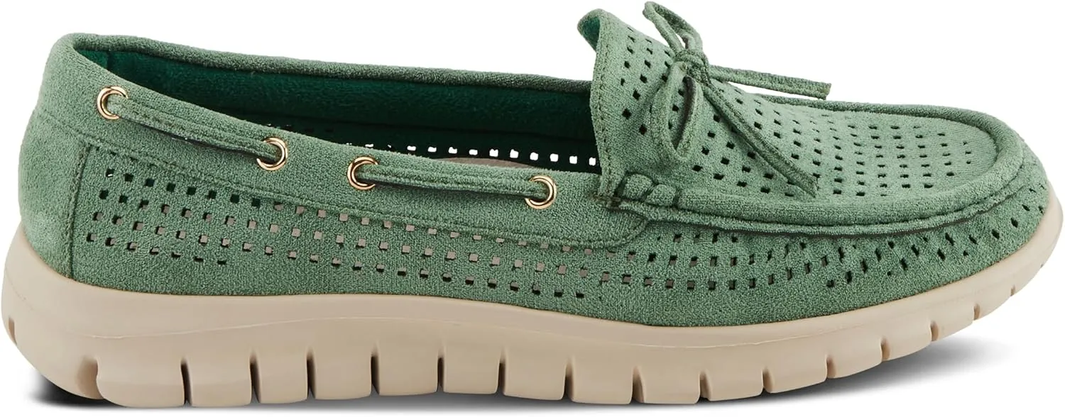 PATRIZIA Women's Aboard Moccasin Loafers – Microsuede Slip-On Shoes with Elegant Square-Dot Perforation, Bow Accent, and Cushioned Comfort Footbed