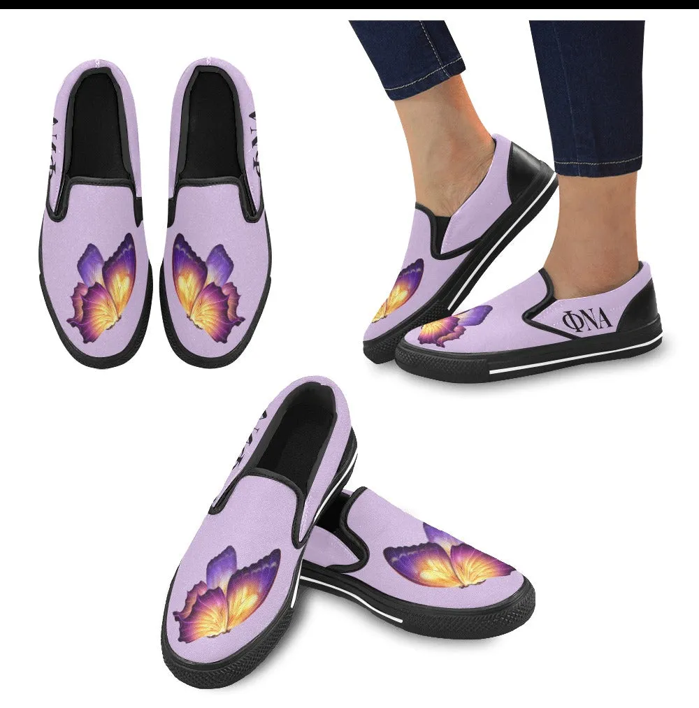 phi_nu_alpha_butterfly-slip on shoe Women's Slip-on Canvas Shoes (Model 019)