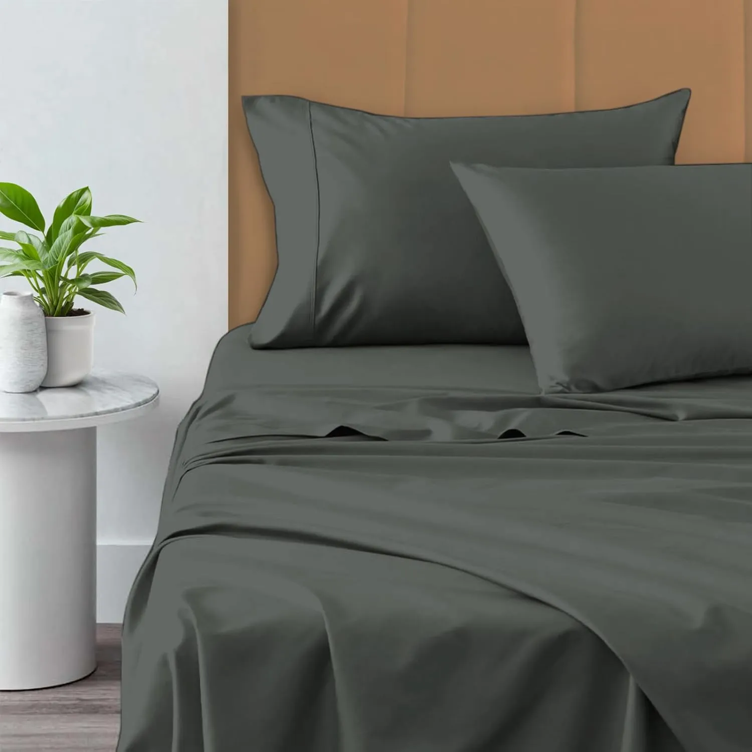 Pizuna Pure 100% Cotton Sheets Full Size, 800 Thread Count Long Staple Cotton Crisp Sateen Sheets Full with 15inch Deep Pocket (Combed Dark Grey Cotton Sheets Full)