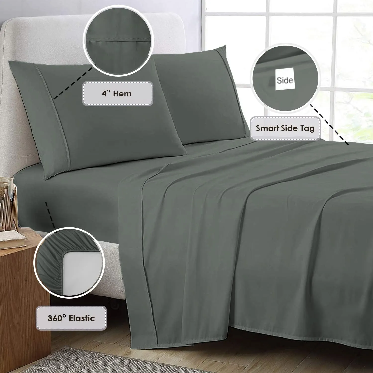 Pizuna Pure 100% Cotton Sheets Full Size, 800 Thread Count Long Staple Cotton Crisp Sateen Sheets Full with 15inch Deep Pocket (Combed Dark Grey Cotton Sheets Full)