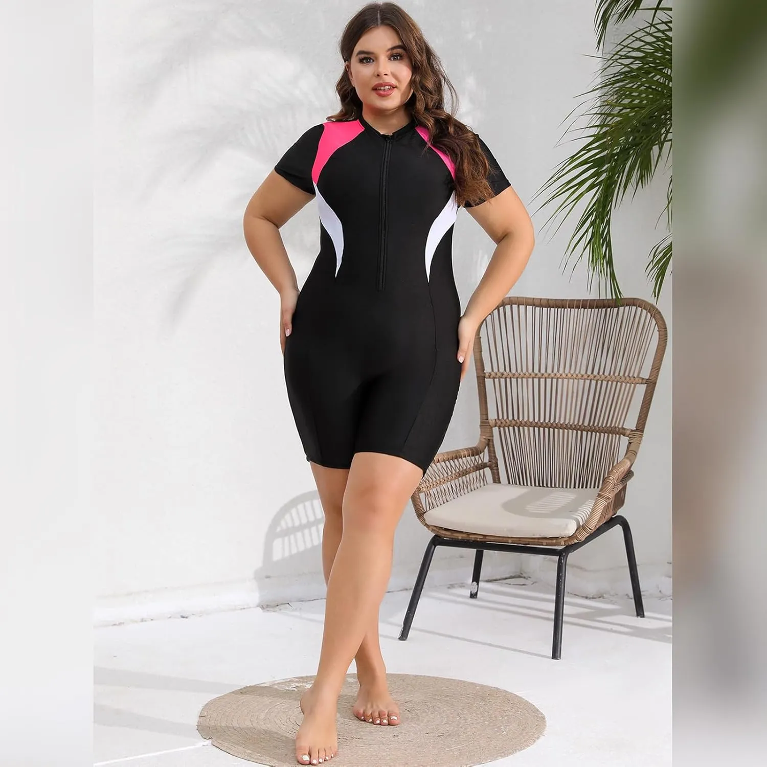 Plus Size Rash Guard for Women Zip Up High Stretchy Long Sleeve One Piece Sun Protection Swimsuits Bathing Suit