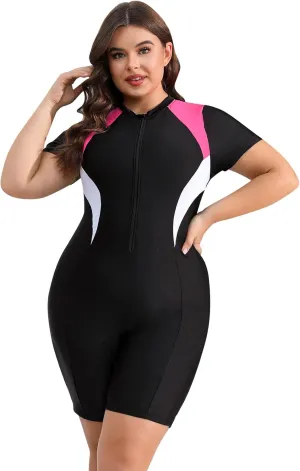 Plus Size Rash Guard for Women Zip Up High Stretchy Long Sleeve One Piece Sun Protection Swimsuits Bathing Suit