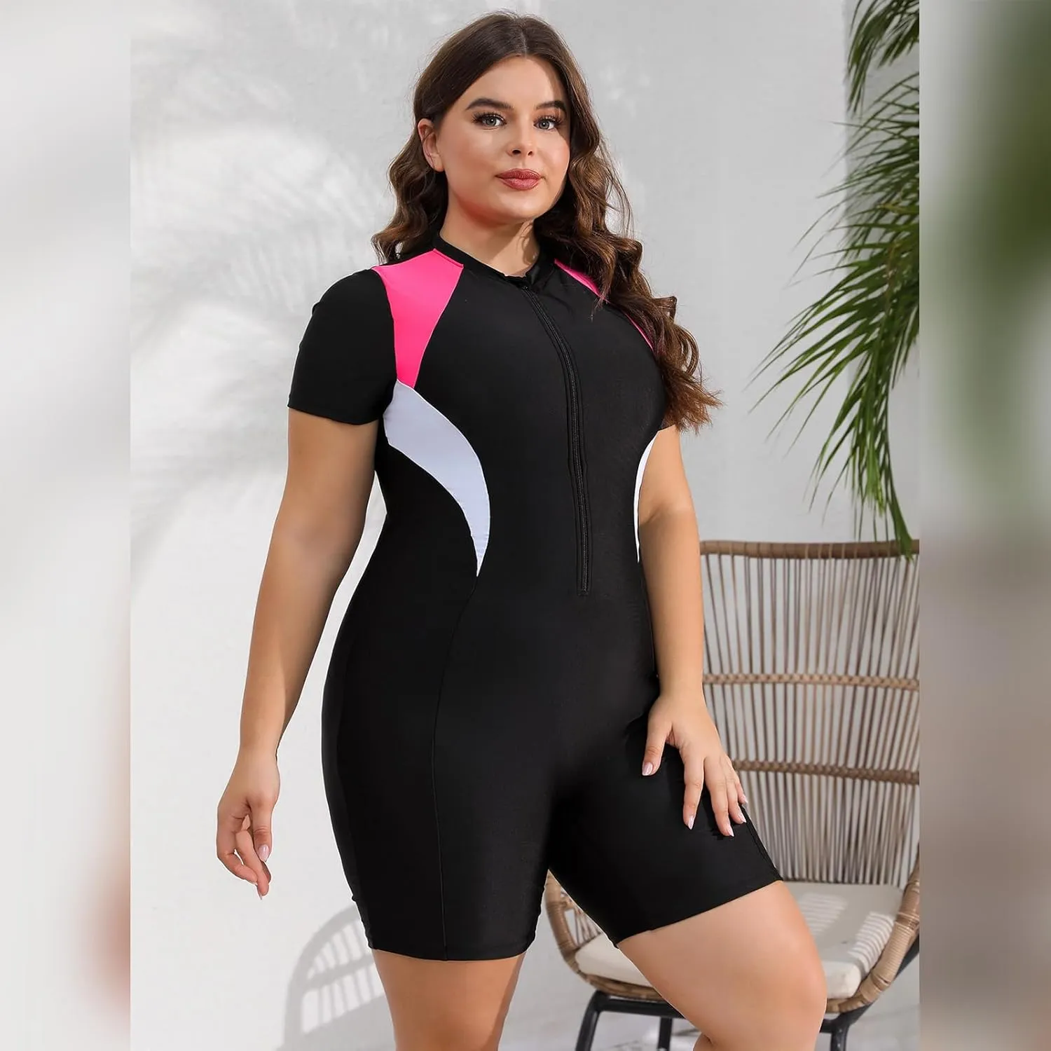 Plus Size Rash Guard for Women Zip Up High Stretchy Long Sleeve One Piece Sun Protection Swimsuits Bathing Suit
