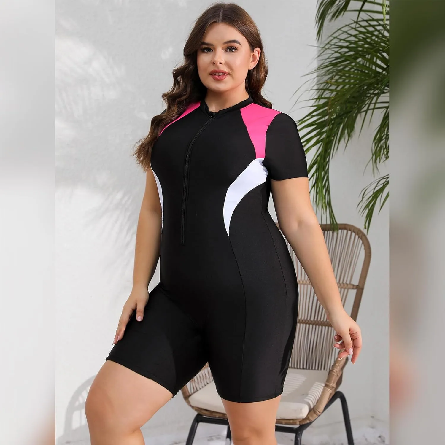Plus Size Rash Guard for Women Zip Up High Stretchy Long Sleeve One Piece Sun Protection Swimsuits Bathing Suit
