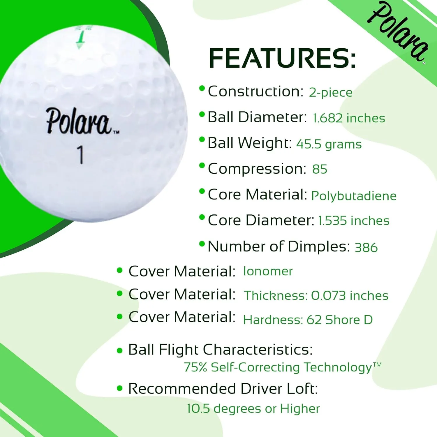 Polara Golf Self-Correcting Golf Balls – Soft Feel, Anti-Slice & Hook Correction, Exceeds USGA Limits, Dimple Pattern, High-Performance Balls for Men & Women – 1 Dozen