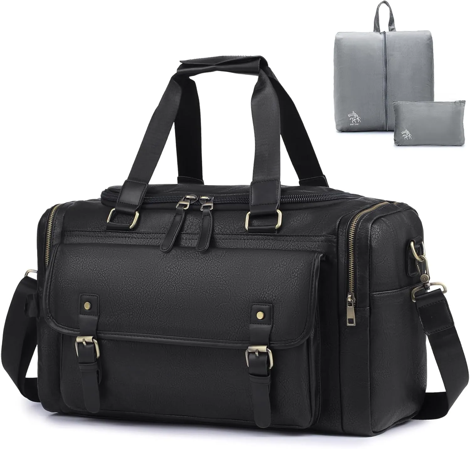 PU Leather Travel Duffel Bag with Toiletry Dopp Kit and Shoe Pouch, Weekender Overnight bag Luggage Carry-On Bag with Adjustable Shoulder Strap for Men or Women Black