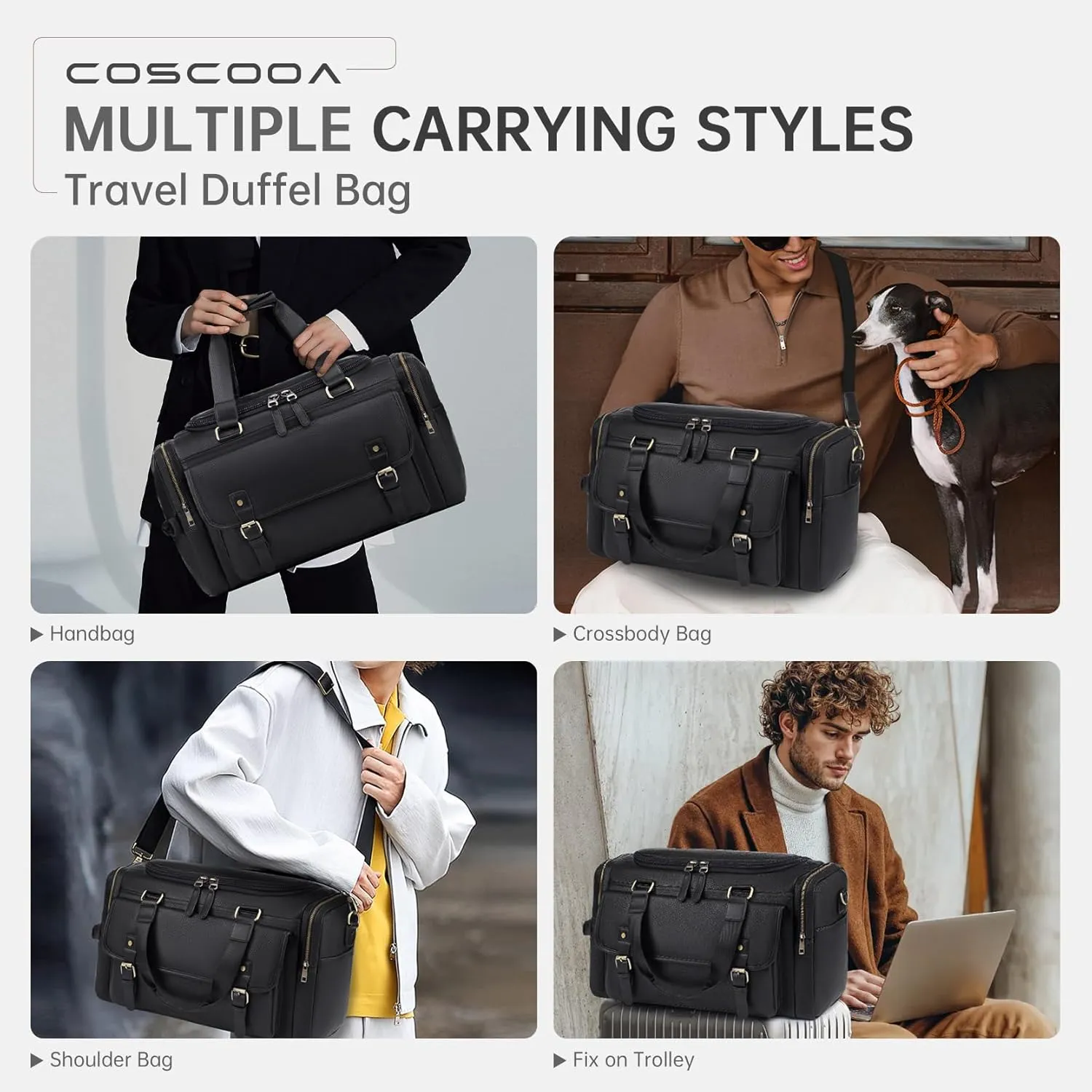 PU Leather Travel Duffel Bag with Toiletry Dopp Kit and Shoe Pouch, Weekender Overnight bag Luggage Carry-On Bag with Adjustable Shoulder Strap for Men or Women Black