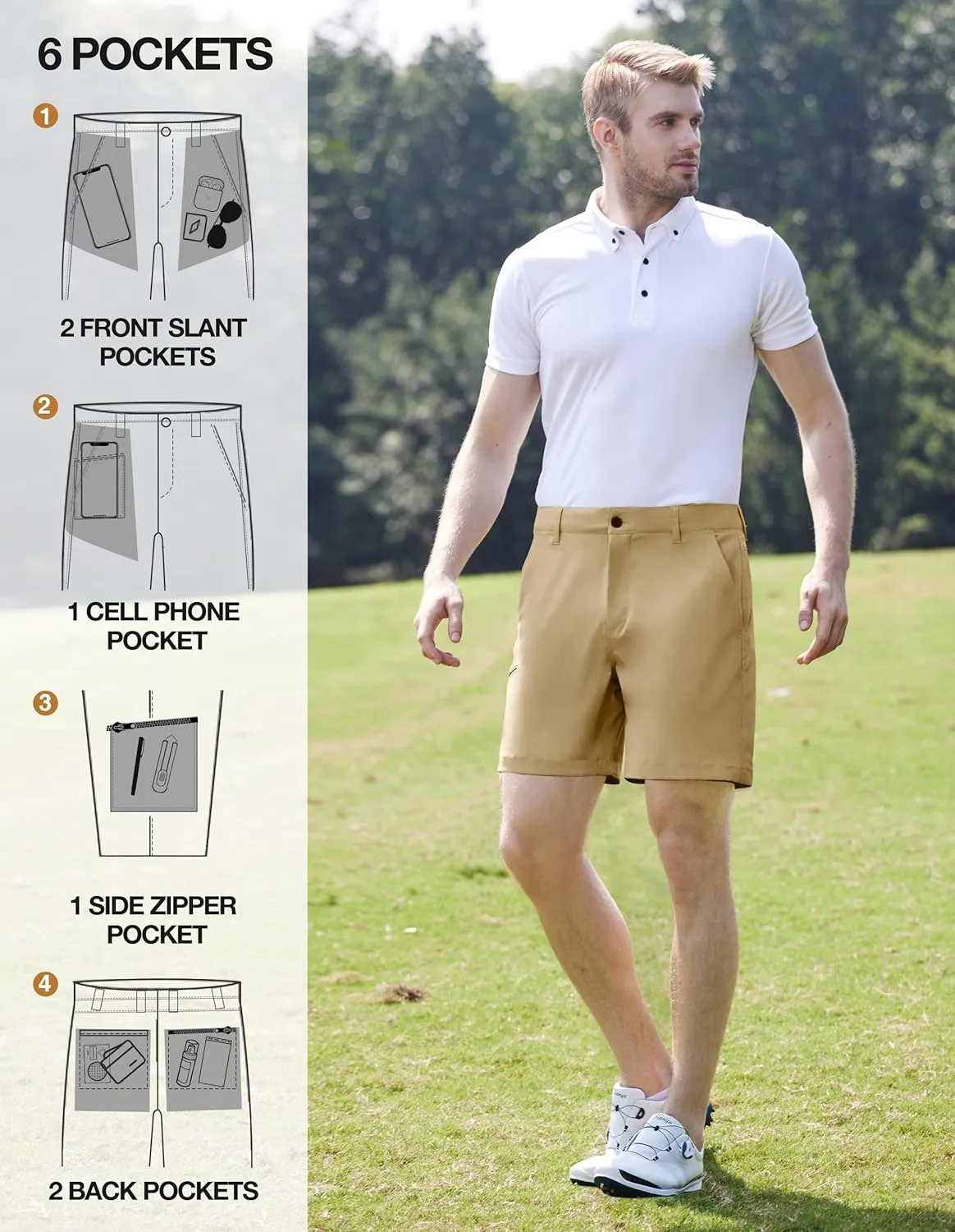 PULI Mens Golf Hybrid Shorts 7 Inch Dress Stretch Hiking Flat Front Quick Dry Lightweight Board Casual Shorts with Pockets