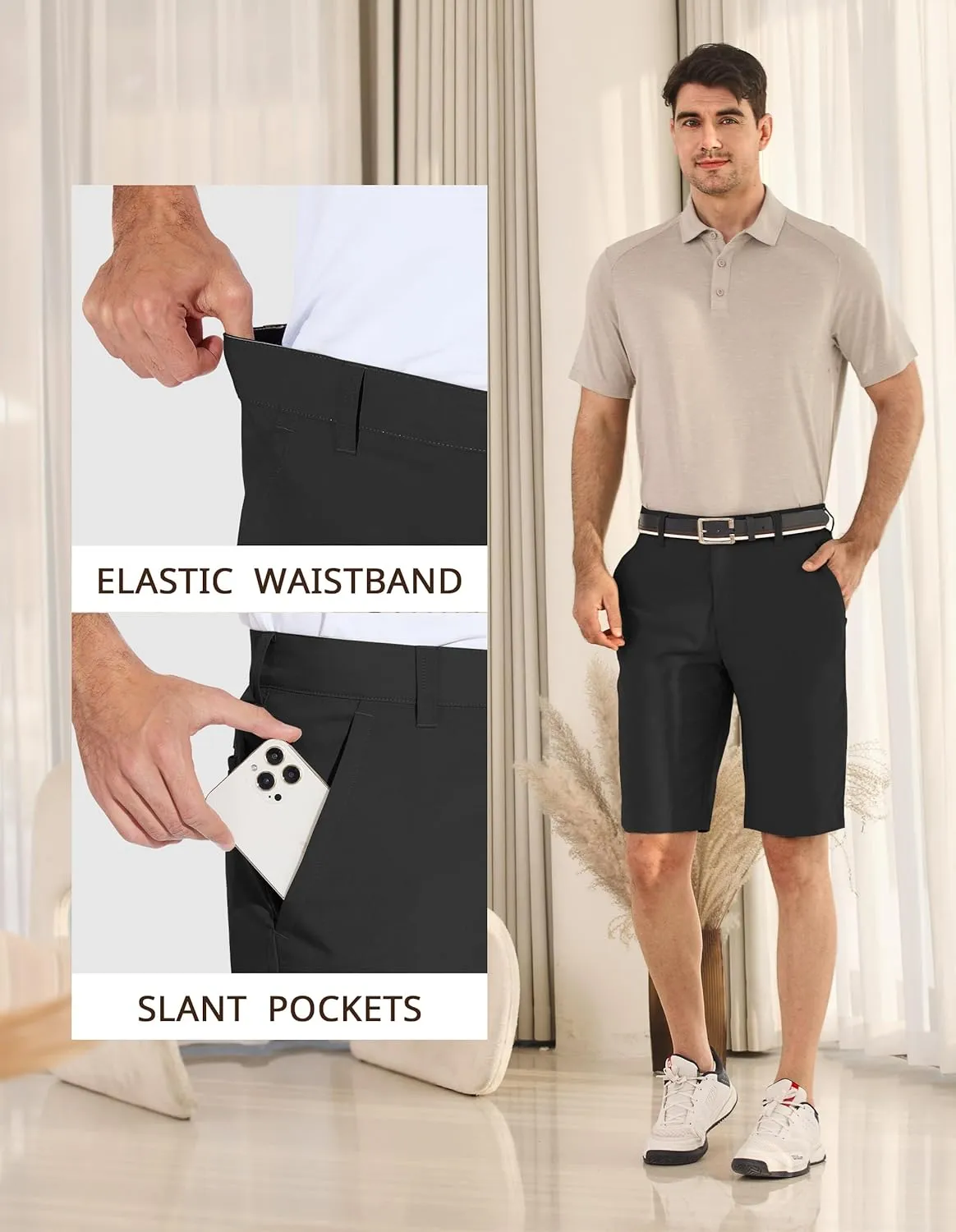 PULI Men's Stretch Golf Short Quick Dry Dress Casual Lightweight Flat Front 10" Summer Hybrid Shorts with Pockets