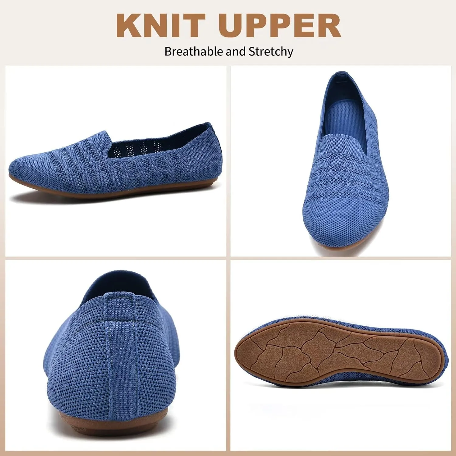 Puxowe Women's Knit Ballet Flats Slip-On Shoes with Low Wedge Sole - Comfortable Round Toe Shoes for Walking, Dress & Casual Outfits
