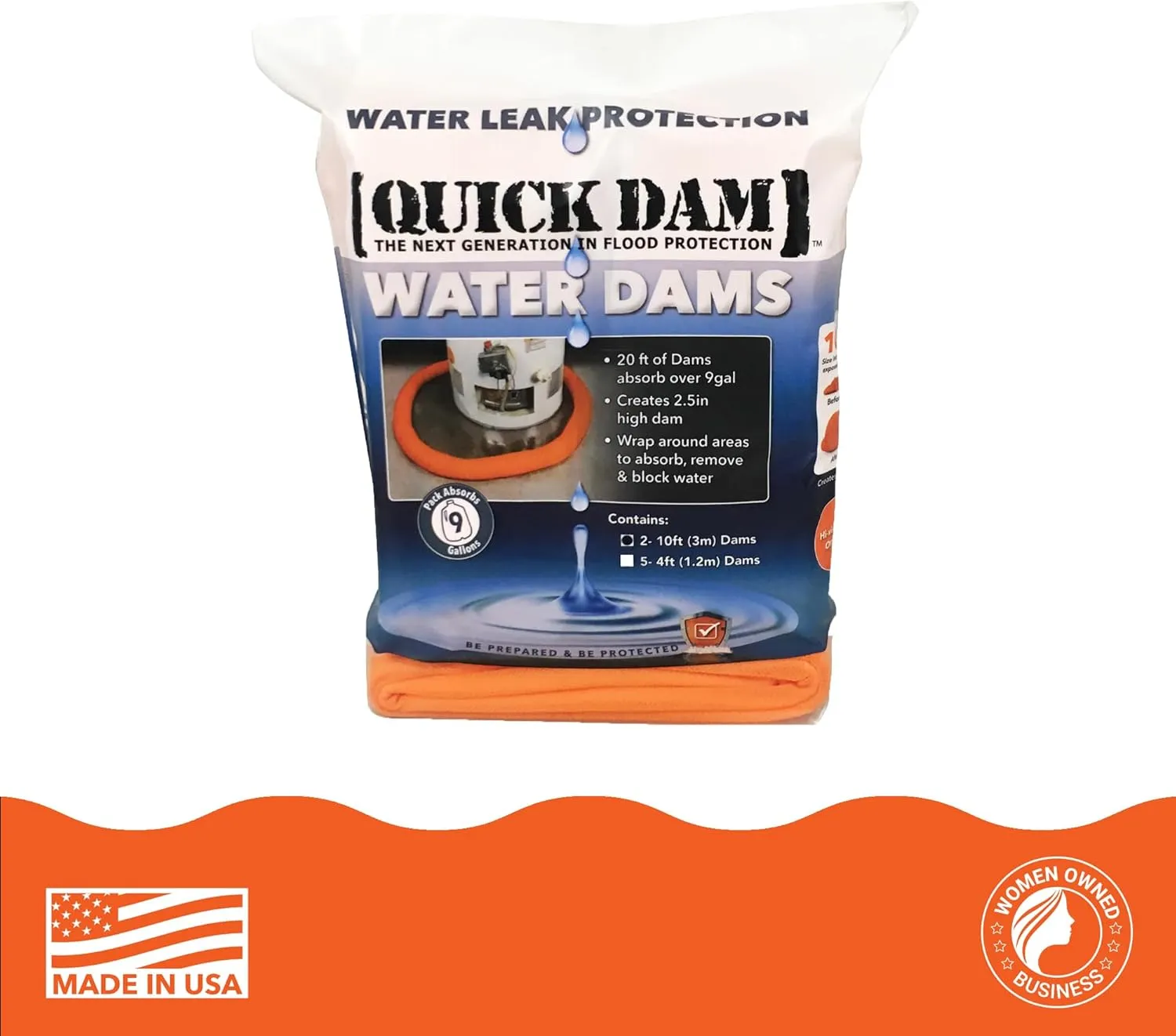 Quick Dam WUB210-2 Water Activated Flood Barrier – 10 ft, 2-Pack, Orange – Indoor Leak Protection, Absorbs 3.1 Gallons Each, Swells to 2.5" High