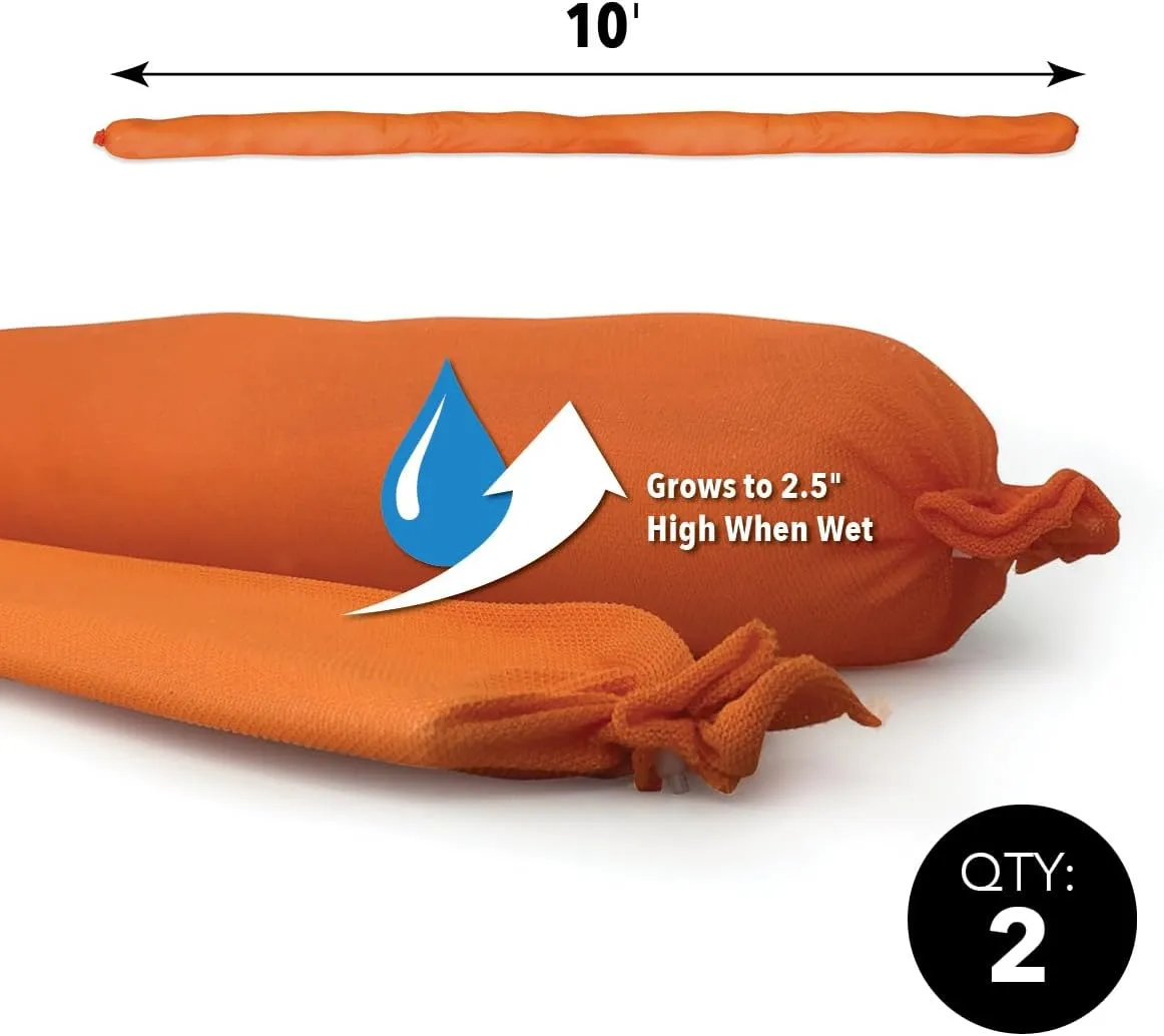 Quick Dam WUB210-2 Water Activated Flood Barrier – 10 ft, 2-Pack, Orange – Indoor Leak Protection, Absorbs 3.1 Gallons Each, Swells to 2.5" High