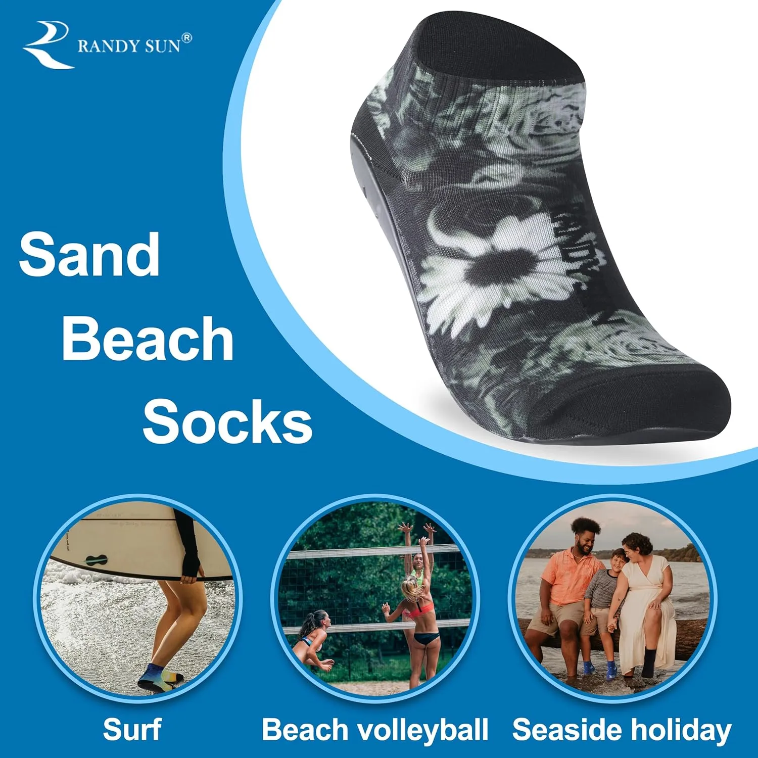 RANDY SUN Barefoot Quick-Dry Sand Beach Socks, Breathable Seamless Yoga Sock With TPE Sole