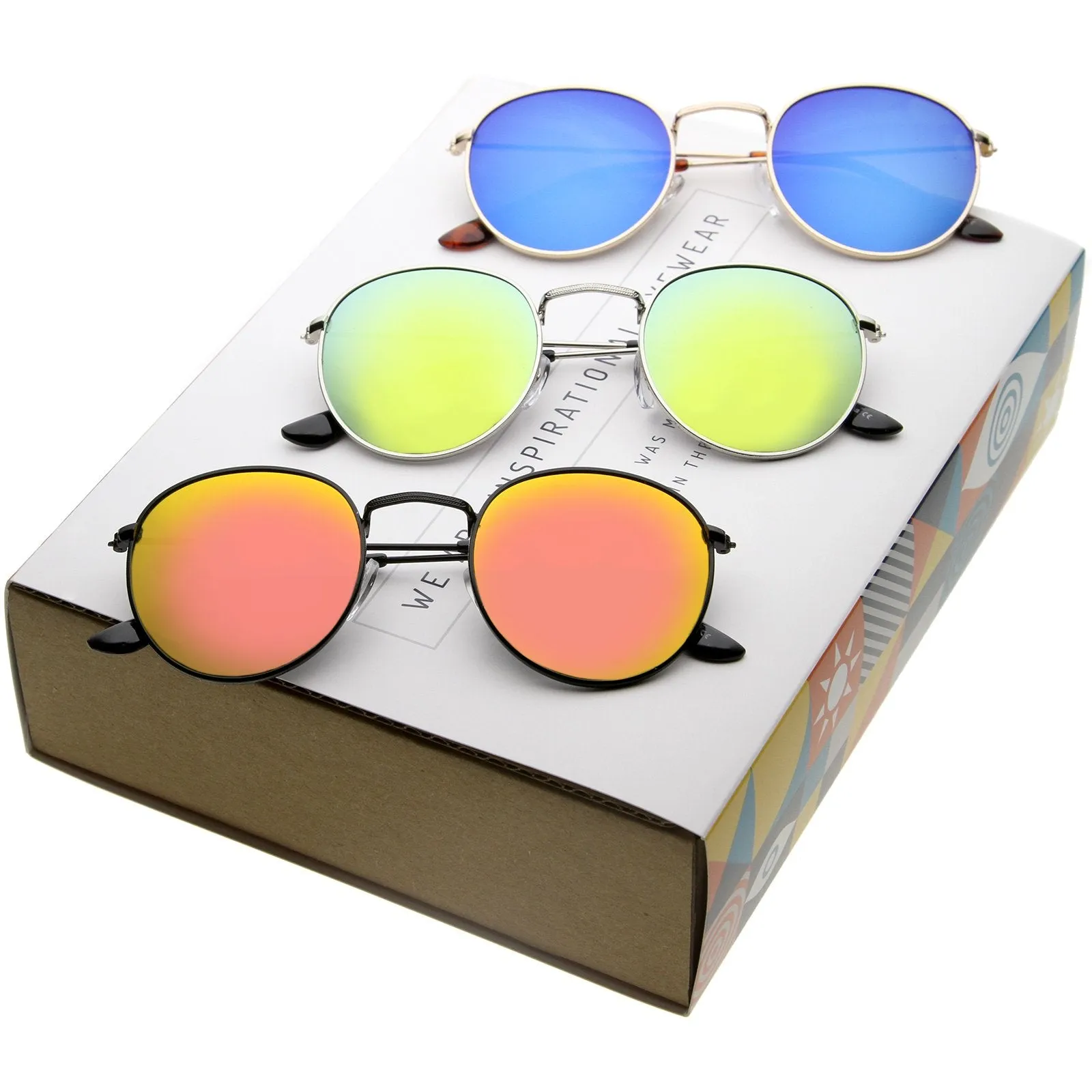 Retro Round Mirrored Flat Lens Metal Sunglasses A409 [Promo Box]