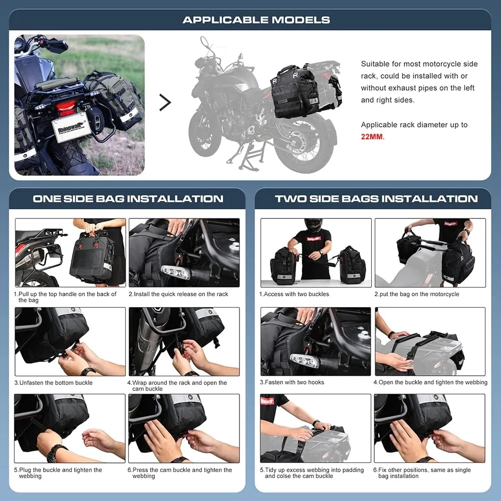 Rhinowalk Motorcycle Saddlebag Waterproof Motor Luggage Pack Quick Release Motorbike Side Bag 20L Fits Most Adventure and Sports Bike Motorcycle Racks(Black, 1 Pack)