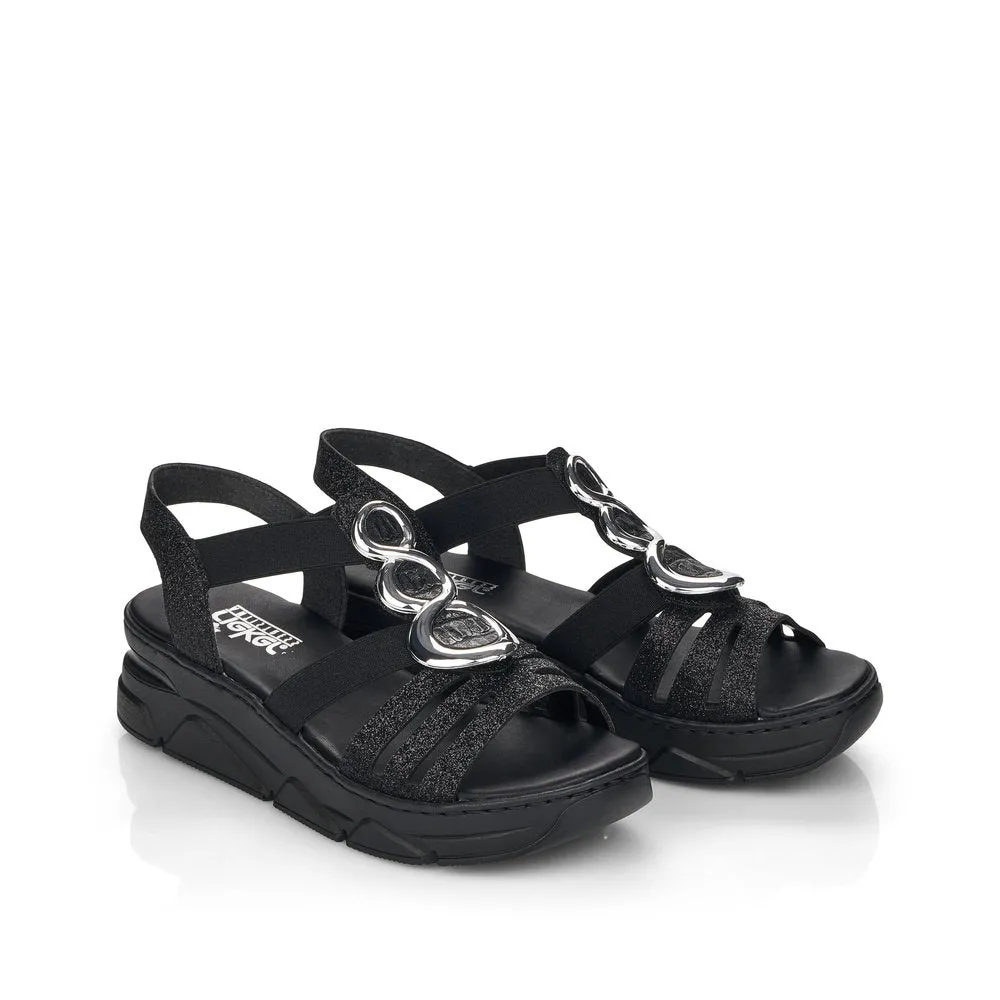 RIEKER - V20L4-00 LOW WEDGE FASHION SANDAL - BLACK/GLITTER