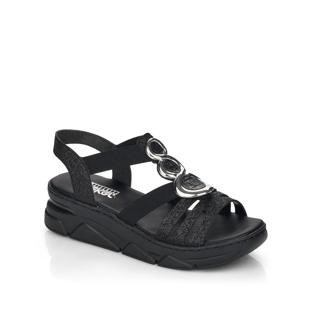 RIEKER - V20L4-00 LOW WEDGE FASHION SANDAL - BLACK/GLITTER