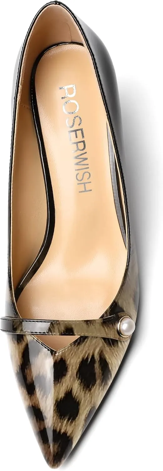 ROSERWISH Womens Patent Party Pointed Toe Slip On Fashion Casual Block Mid Heel Pumps Dress Shoes 2.5 Inch
