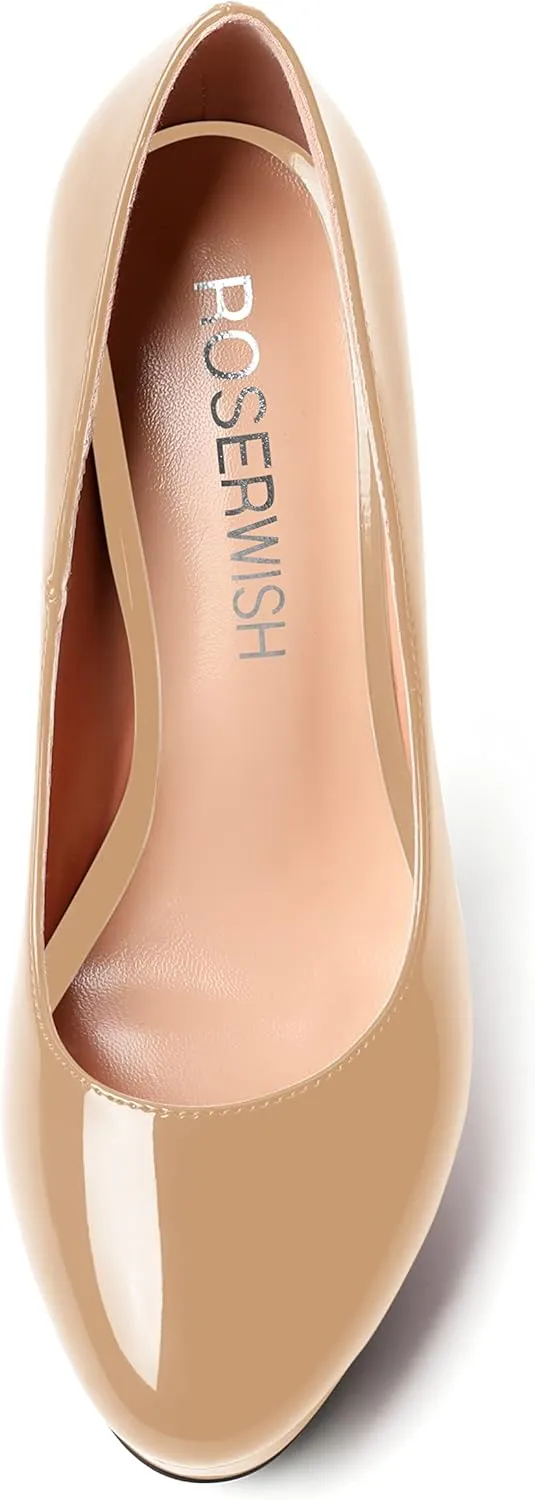 ROSERWISH Womens Round Toe Slip On Platform Patent Sexy Evening Party Stiletto High Heel Pumps Dress Shoes 5 Inch