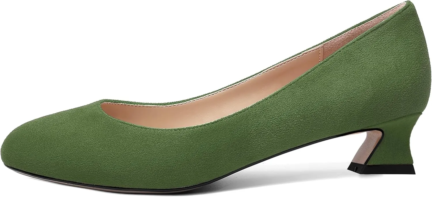 ROSERWISH Womens Suede Fashion Round Toe Casual Slip On Dating Chunky Low Heel Pumps Shoes 1.5 Inch