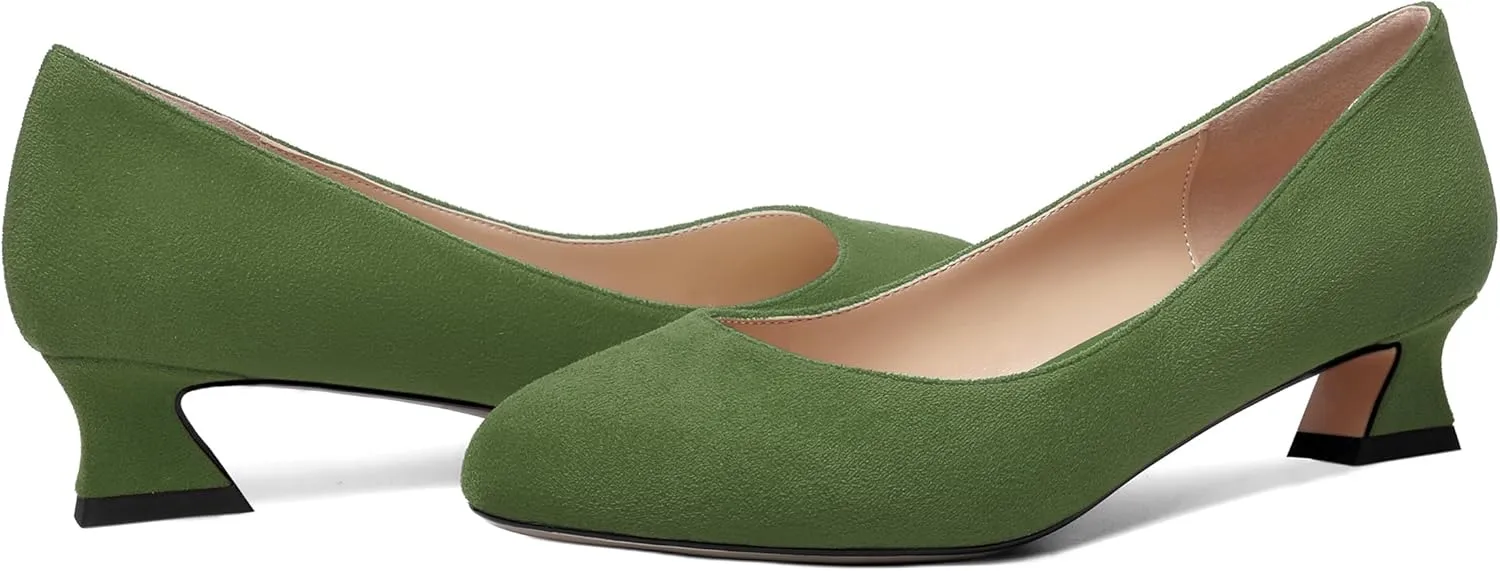 ROSERWISH Womens Suede Fashion Round Toe Casual Slip On Dating Chunky Low Heel Pumps Shoes 1.5 Inch