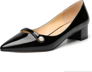 ROSERWISH Womens Work Wedding Slip On Patent Pointed Toe Cute Chunky Low Heel Pumps Dress Shoes 1.5 Inch