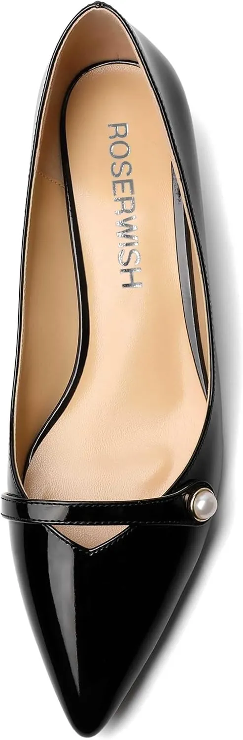 ROSERWISH Womens Work Wedding Slip On Patent Pointed Toe Cute Chunky Low Heel Pumps Dress Shoes 1.5 Inch
