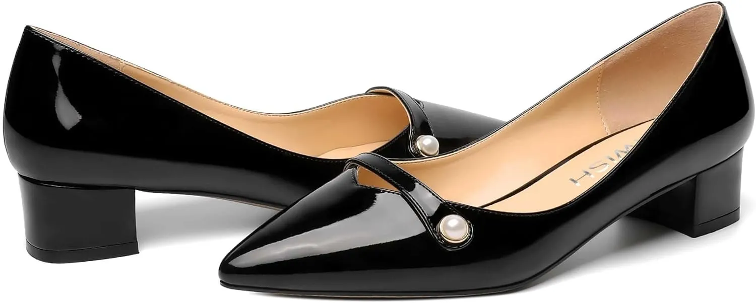 ROSERWISH Womens Work Wedding Slip On Patent Pointed Toe Cute Chunky Low Heel Pumps Dress Shoes 1.5 Inch