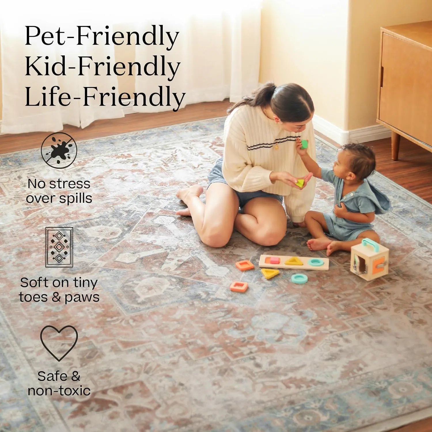 Ruggable Washable 8x10 Large Area Rug, Sarrah Hazel, Premium Vintage Rugs for Living Room, Bedroom, Kitchen, Office, Classroom with Gripper Non Slip Pad