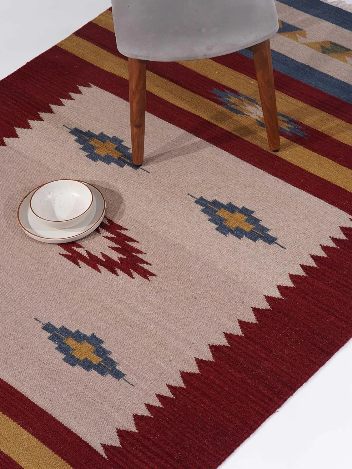 Rugsotic Carpets Hand Woven Flat Weave Kilim Wool ECO-Friendly Area Rugs - 5'x8', Rectangle Shape, Multicolor Color, Contemporary Modern Design, Low Pile Handmade Rugs for Living Room (D00124)