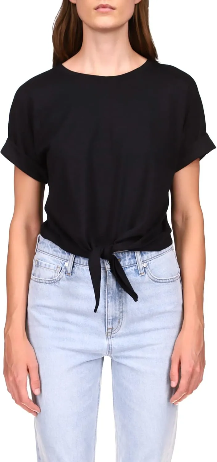 Sanctuary All Day Tie Tee for Women - BCI Cotton-Blend Construction - Short Rolled Sleeves - Crew Neckline